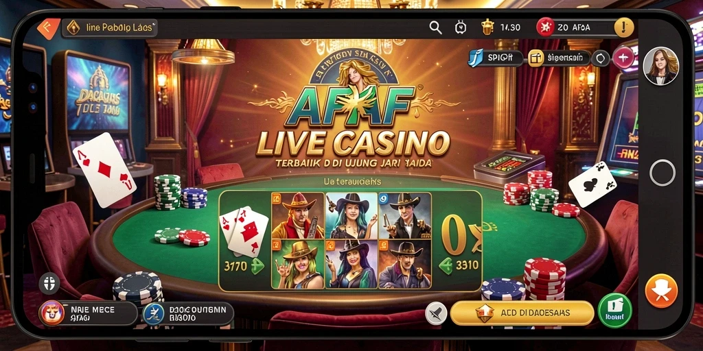 Screenshot gameplay AFAF menampilkan dealer langsung dan suasana kasino.