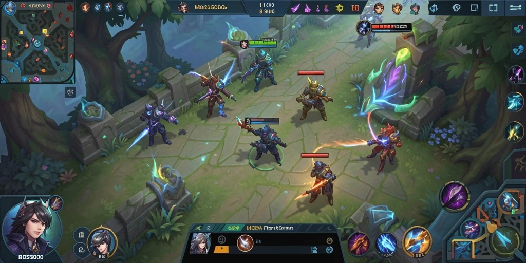 Screenshot gameplay BOS5000 menunjukkan aksi pertempuran tim yang intens.