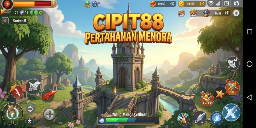 Screenshot game Tower Defense yang menampilkan pertarungan menara epik.