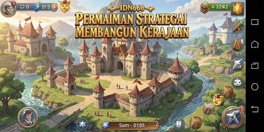 Tangkapan layar gameplay IDN668 yang menunjukkan pembangunan kerajaan yang strategis.