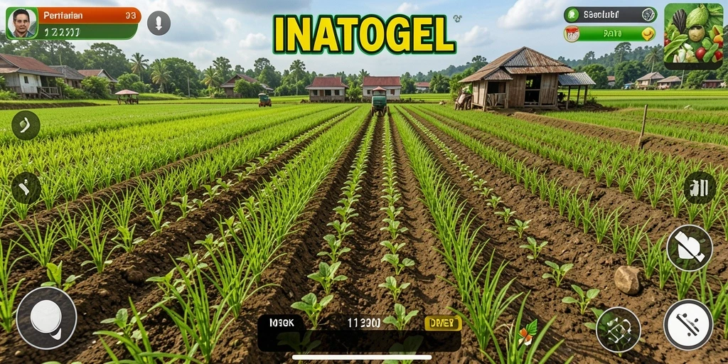Screenshot gameplay INATOGEL menampilkan aktivitas bertani dan panen.