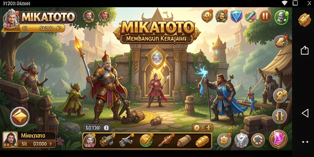 Tampilan gameplay MIKATOTO dengan strategi membangun kerajaan yang kompleks.