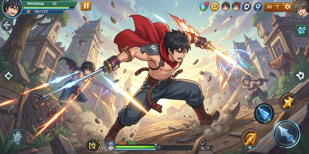Gameplay NV77 yang menampilkan pertarungan seru dengan karakter anime.