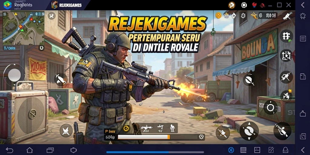 Screenshot utama REJEKIGAMES menampilkan aksi pertempuran seru dalam game Battle Royale.