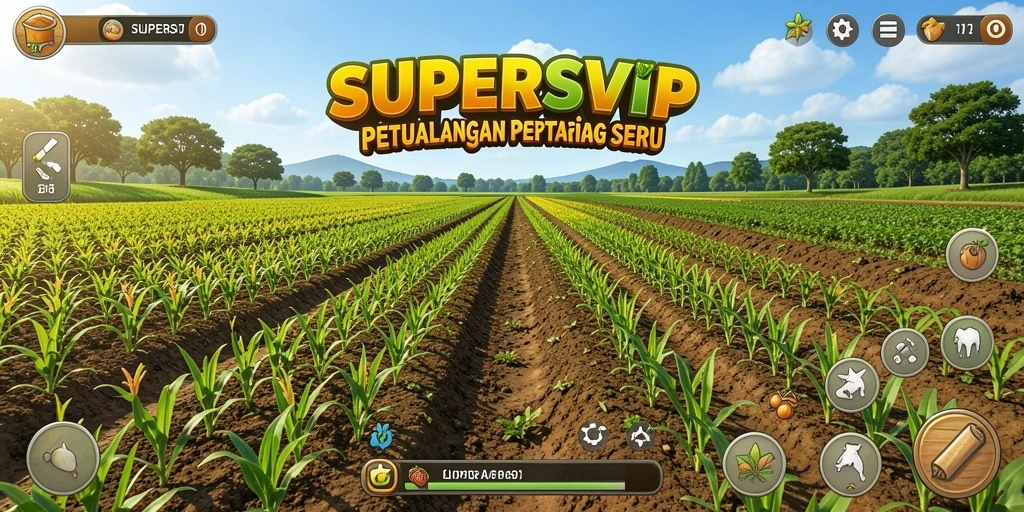 Tampilan gameplay SUPERSVIP yang menampilkan lahan pertanian yang subur.