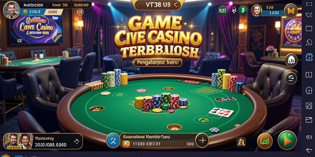 Screenshot gameplay VT38 menampilkan dealer langsung yang ramah dan suasana kasino yang nyata.